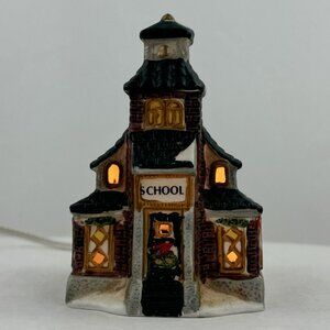 Vintage Ceramic Light-Up Christmas Village Schoolhouse Wreath Snow Small 4.5"